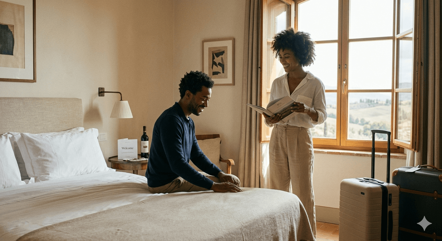 A male Hote Guest settling in with help from a femake