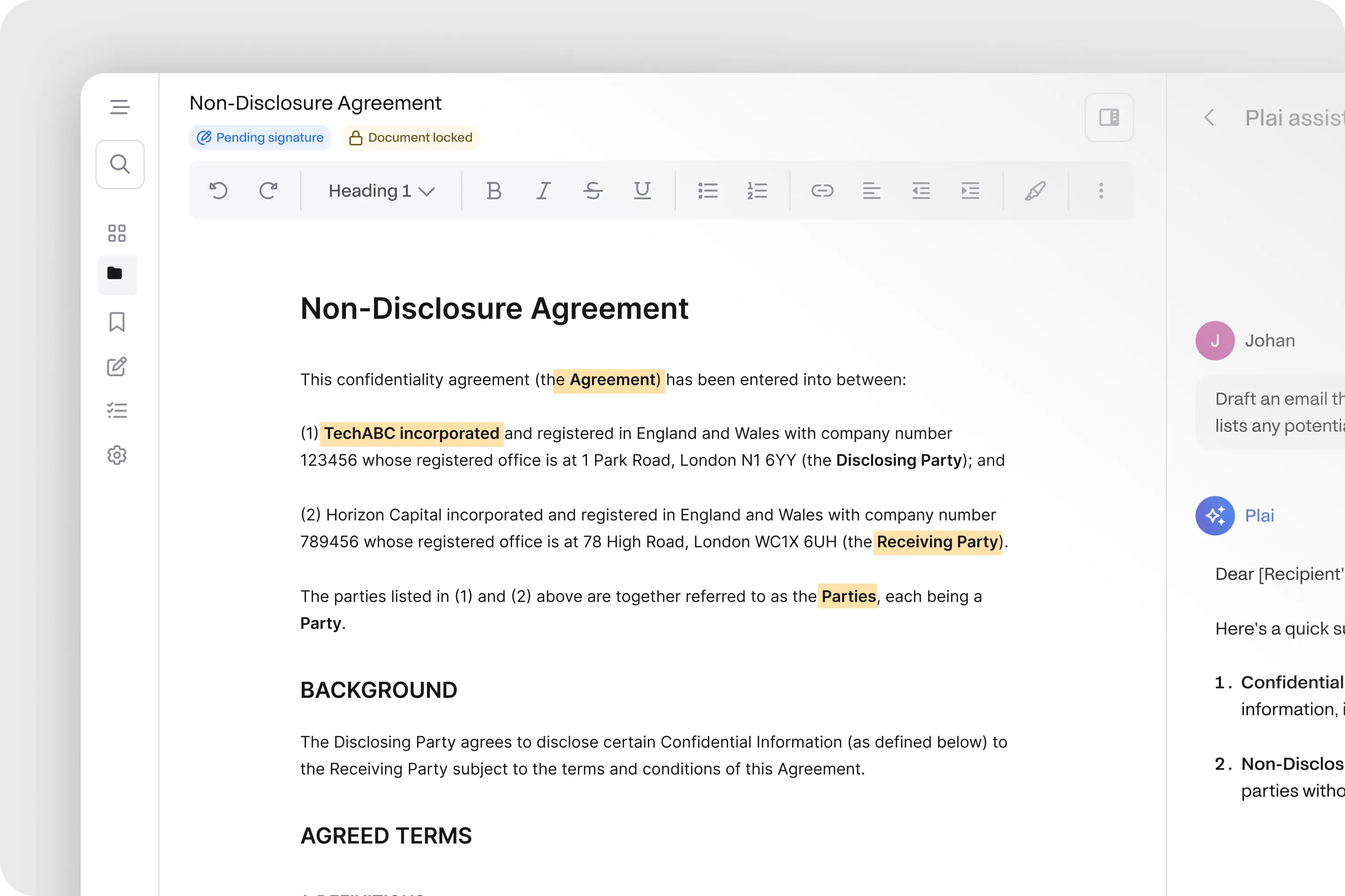 Screenshot of the Pocketlaw contract drafting interface, showing a Non-Disclosure Agreement in progress with highlighted key terms like "Agreement," "Receiving Party," and "Disclosing Party."