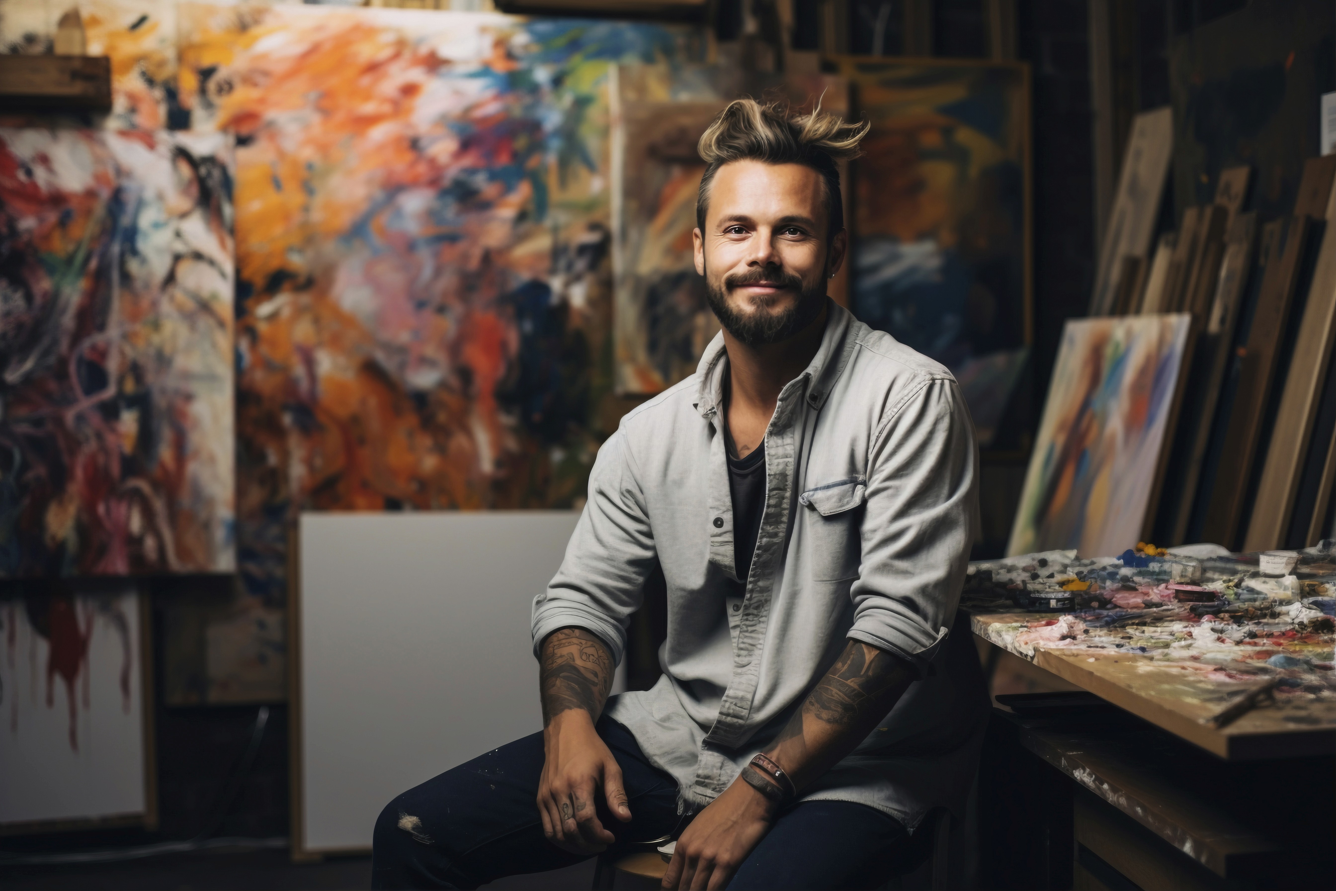 an artist sitting with his paintings