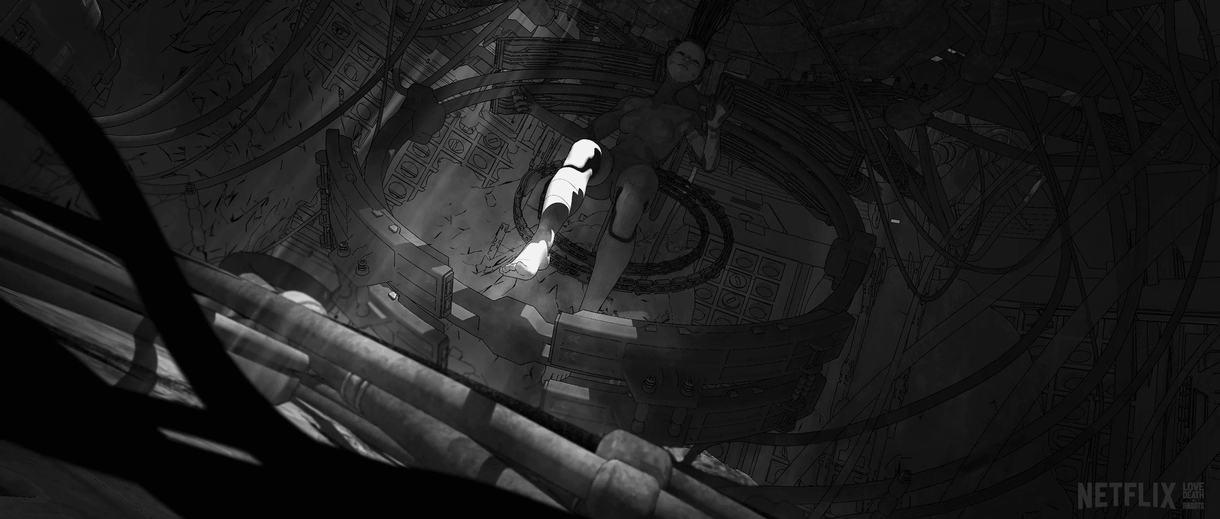 Android suspended in green-tinted industrial chamber with curved rails