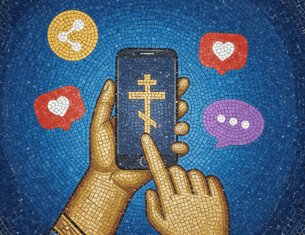 Illustration of a hand holding a smartphone with social icons, representing sharing the message of Jesus through digital content.