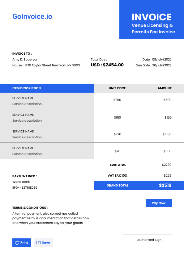 Venue Licensing & Permits Fee Invoice