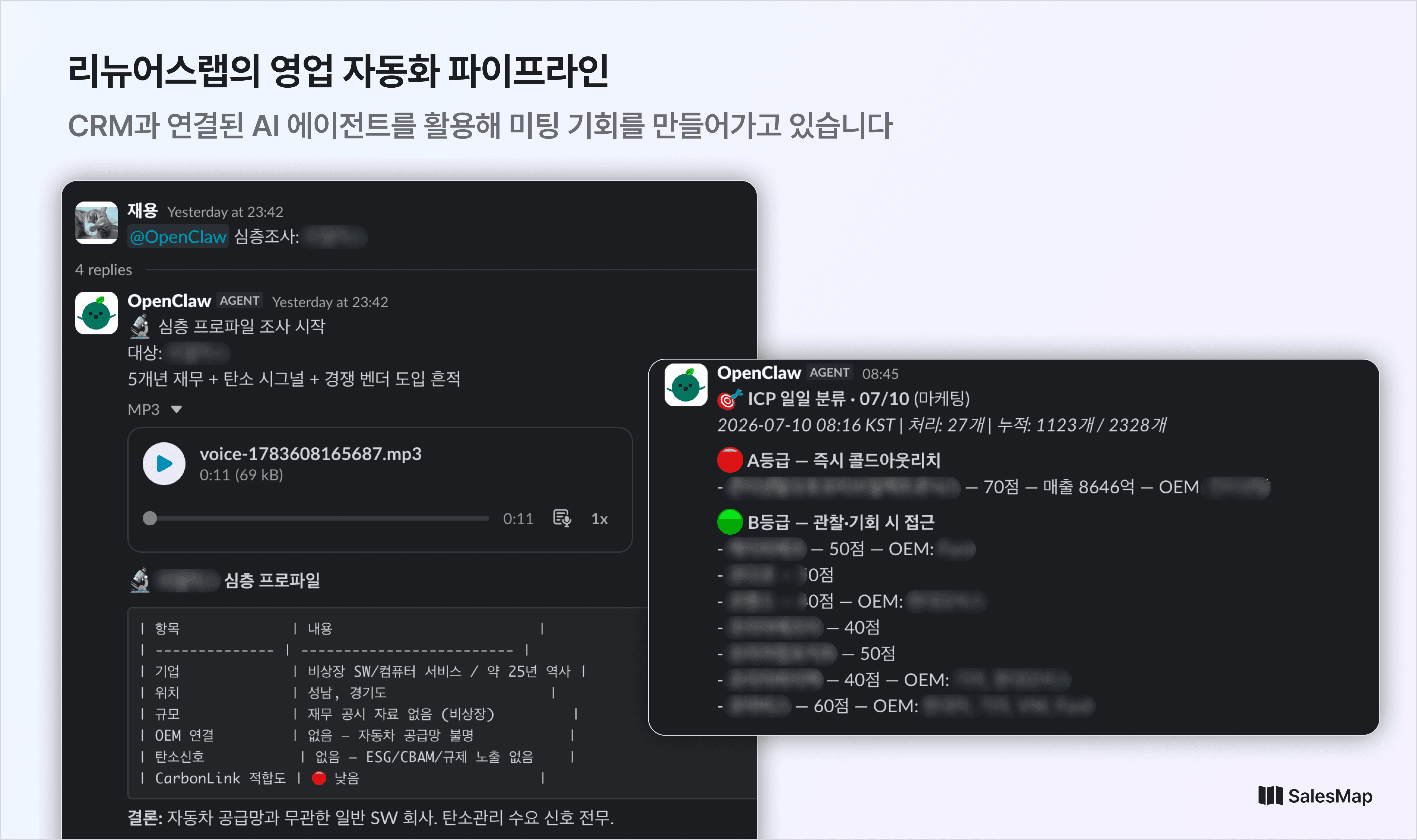 AI 에이전트가 슬랙을 통해 대표에게 리드 조사 결과와 컨택 메일 초안을 보고하는 화면.