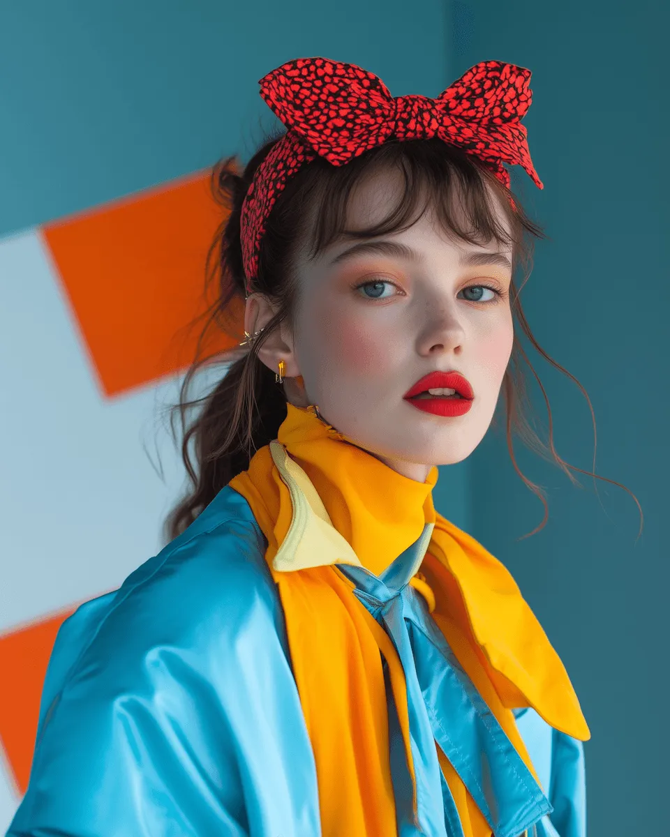 A woman with a red bow headband and bright orange and blue clothing poses against a teal and orange geometric background. Her expression is confident.