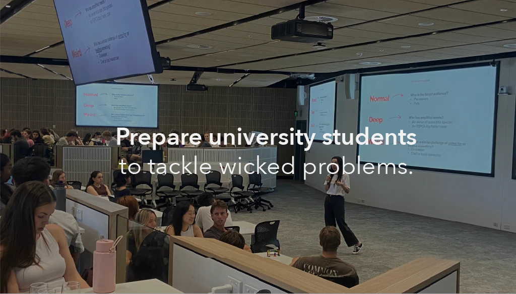 An image of director Lara Dolz speaking to a cohort of the batchelor of creative intelligene and innovation, with the content' prepare university students to tackle wicked problems' inlayed