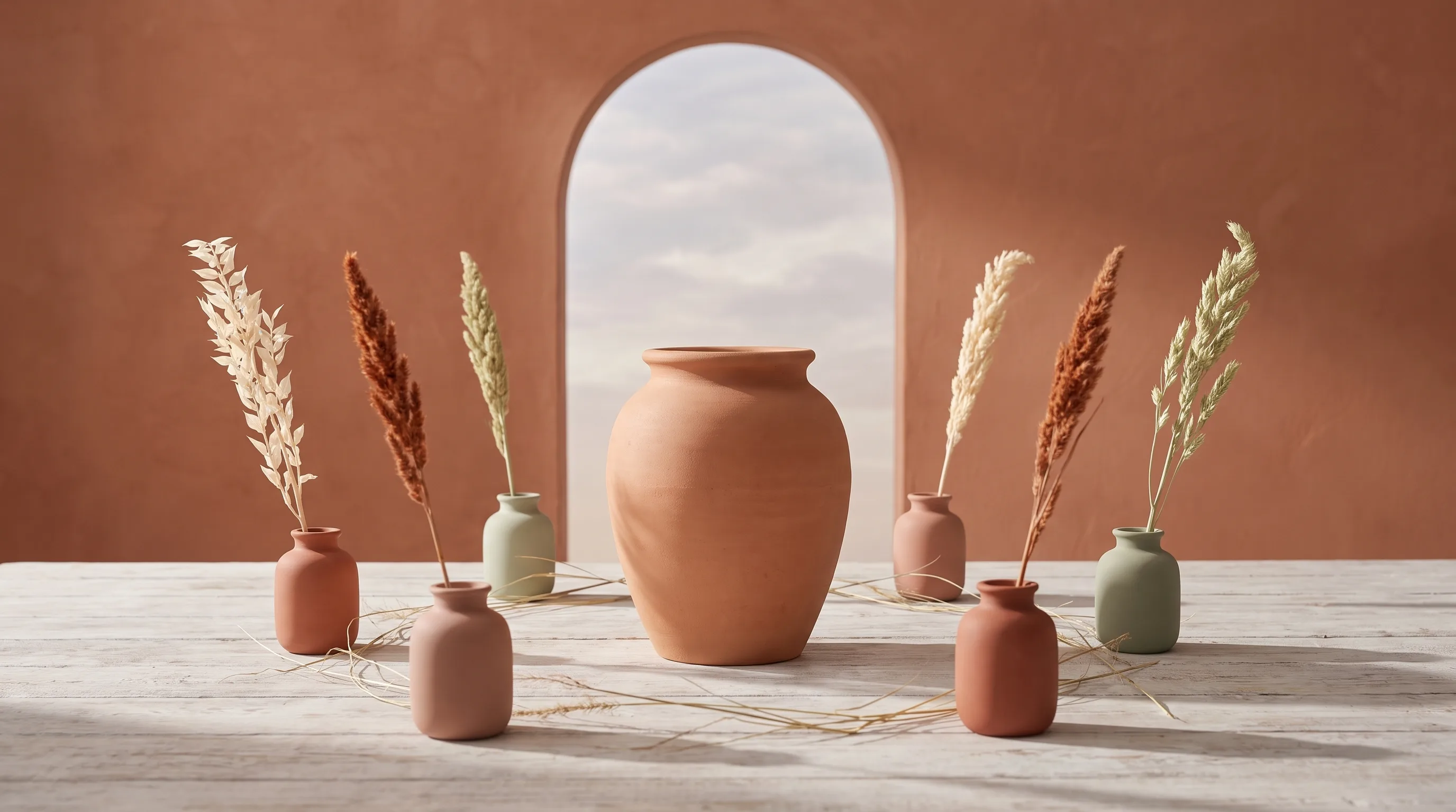 Small clay vessels radiating outward from one central jar, each holding a single dried stem