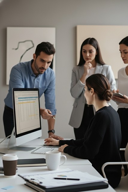 Meeting mit dem Kunden, die gemeinsam Prozesse besprechen – symbolisiert enge Zusammenarbeit und partnerschaftliche Umsetzung