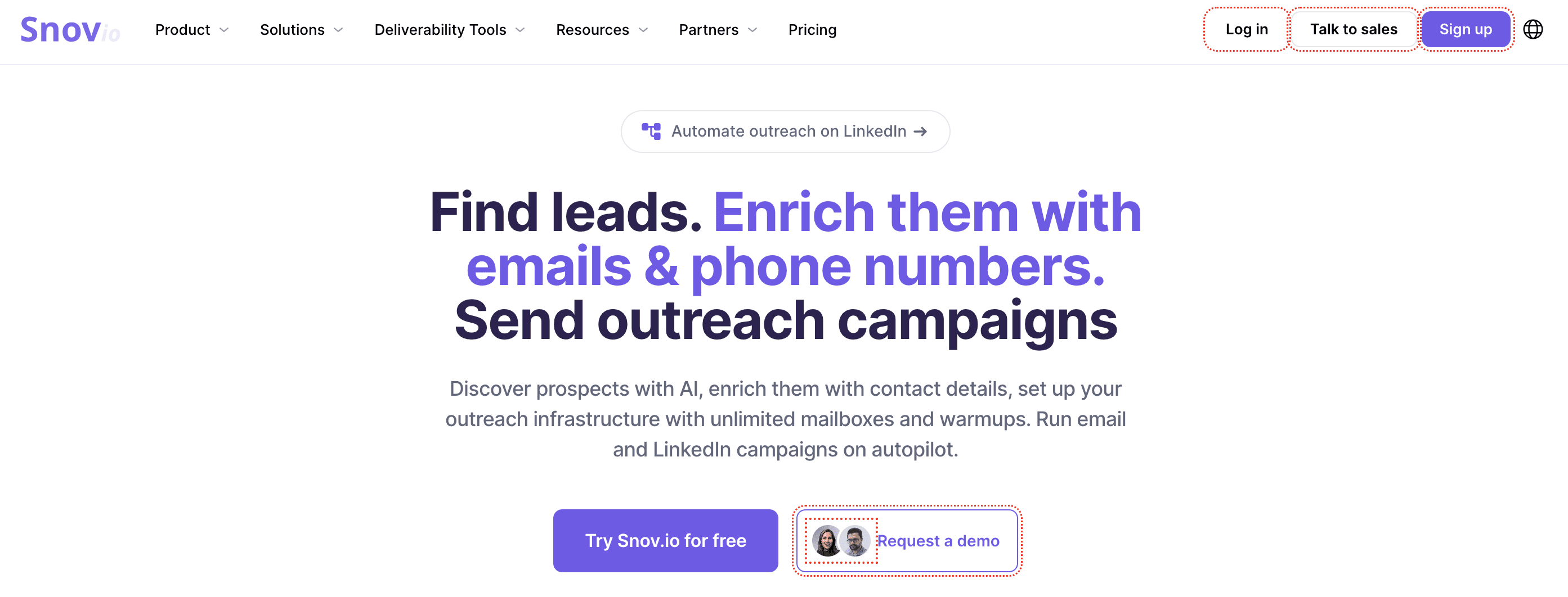 Snov.io homepage offering lead finding, enrichment and outreach campaigns from one panel