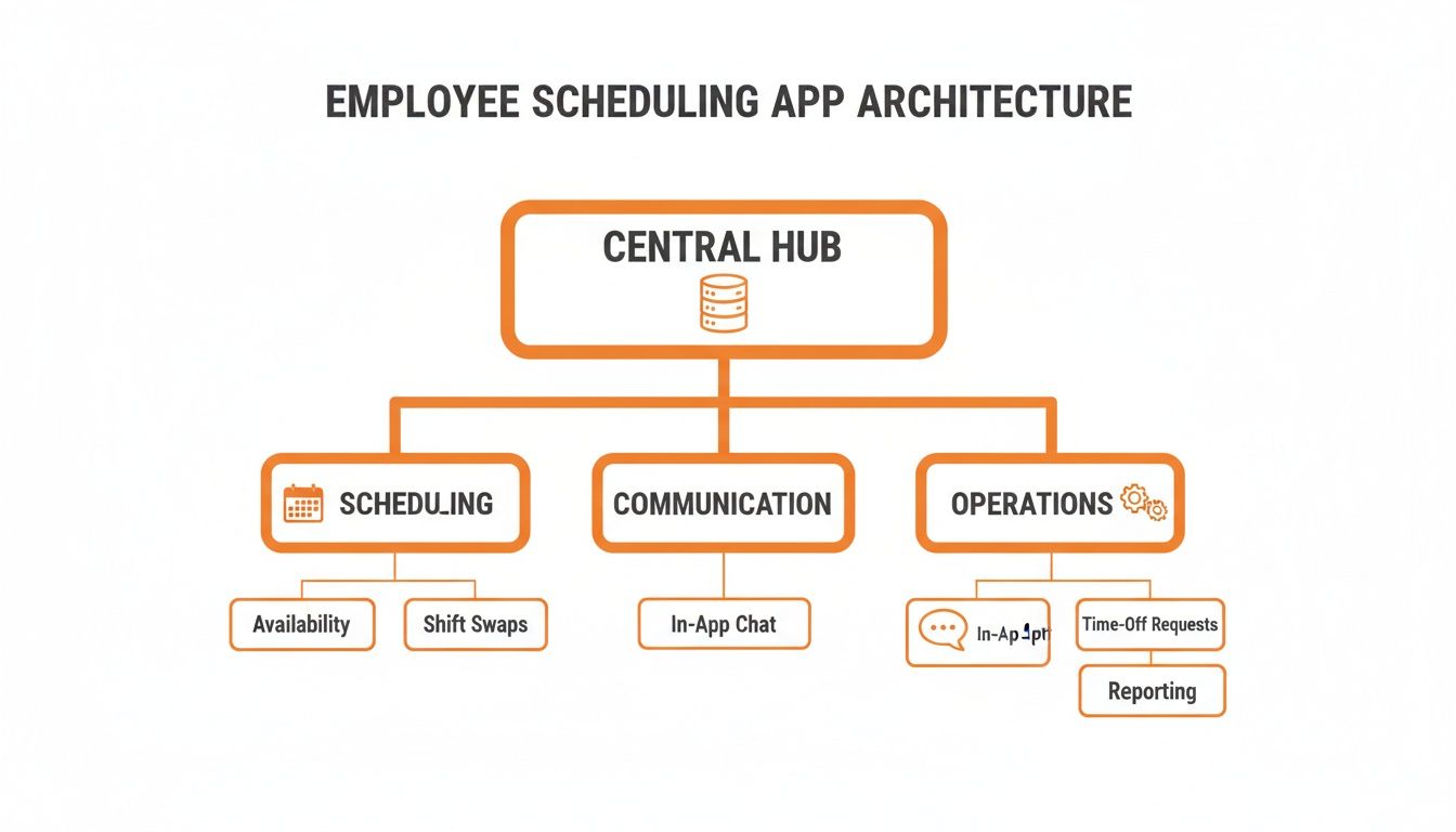 Diagram illustrating the architecture of an employee scheduling application, detailing its core components.