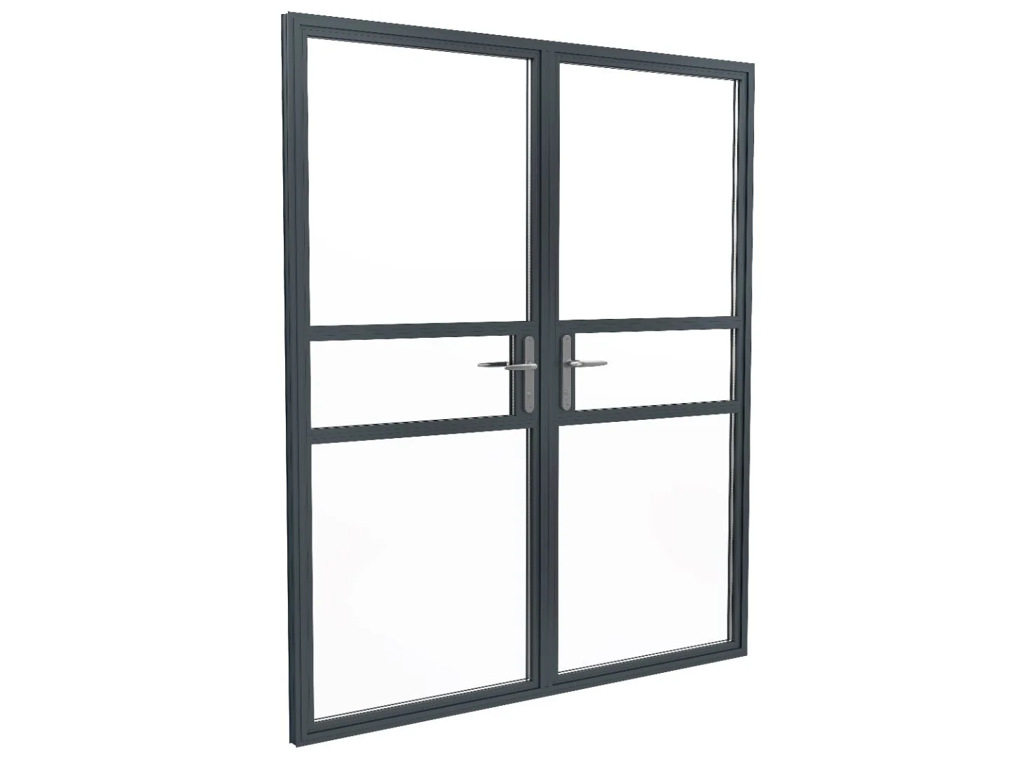 Alitherm Heritage aluminium double doors with steel-look glazing bars, closed, in a RAL finish
