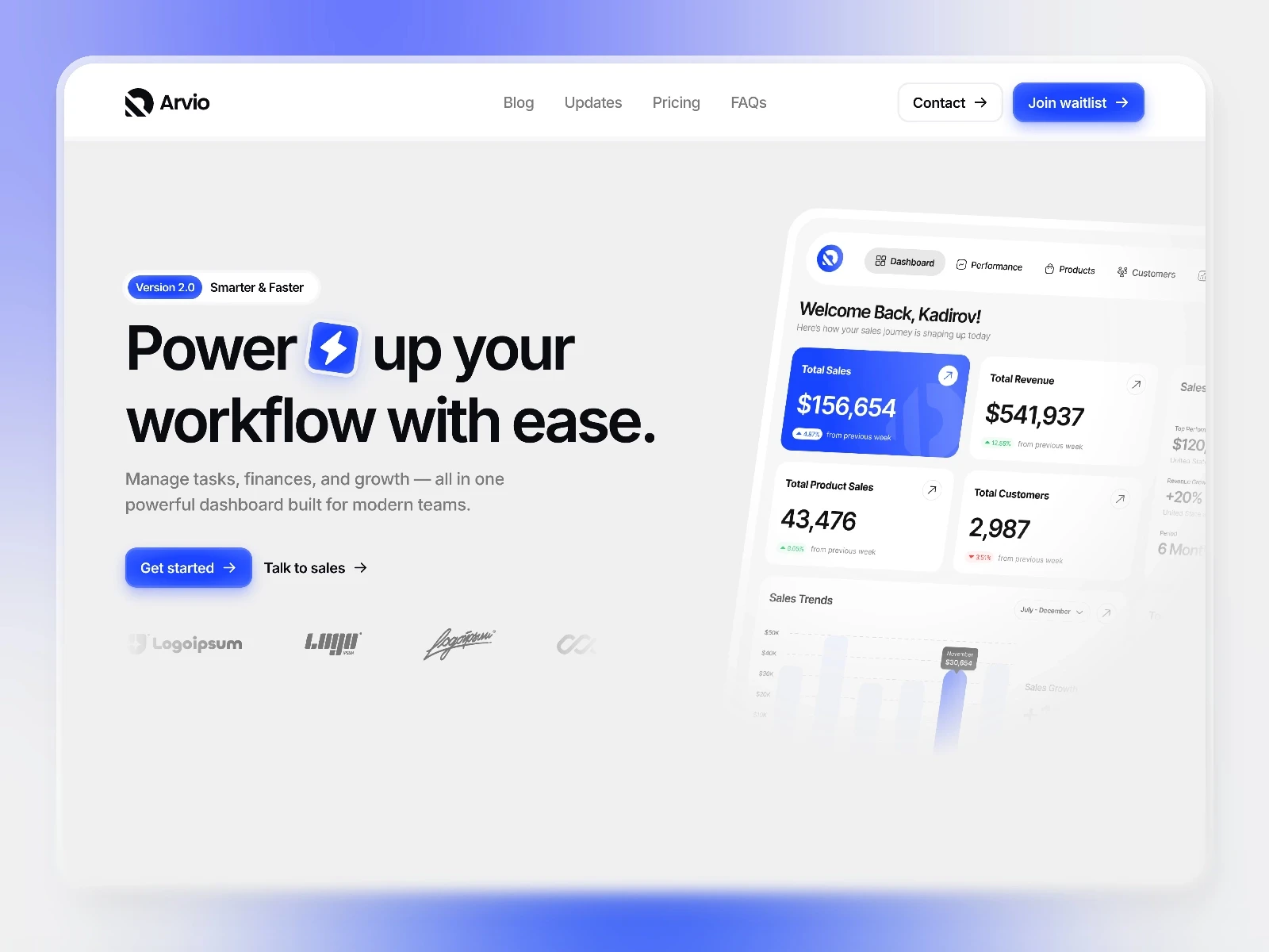 Arvio Framer dashboard template with modern admin UI design