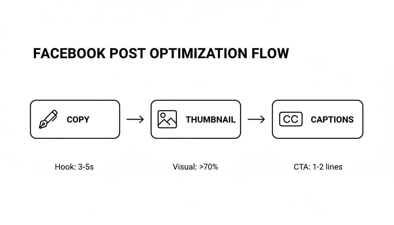 Flowchart illustrating the Facebook post optimization process, detailing copy, thumbnail, and caption best practices.