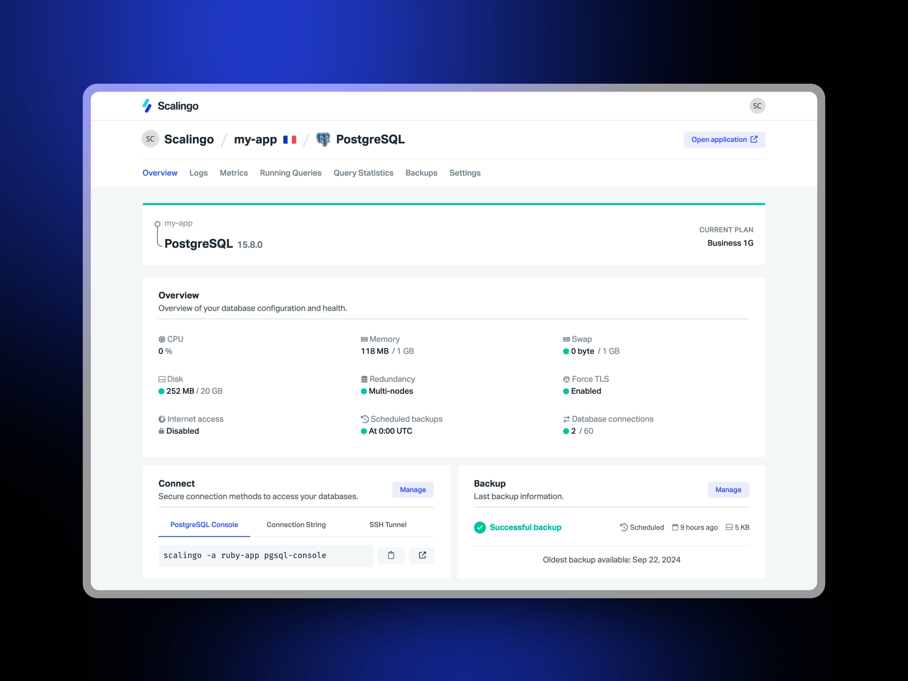 Overview of the new database dashboard on Scalingo