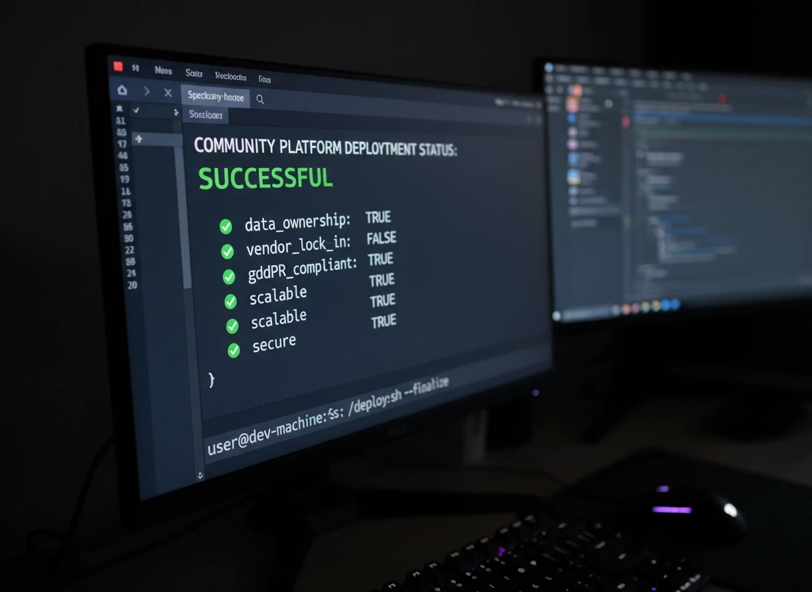 Dark mode terminal window showing "COMMUNITY PLATFORM DEPLOYMENT STATUS: SUCCESSFUL" with a list of features (data_ownership, gdPR_compliant, secure, scalable) all set to TRUE, and vendor_lock_in set to FALSE.