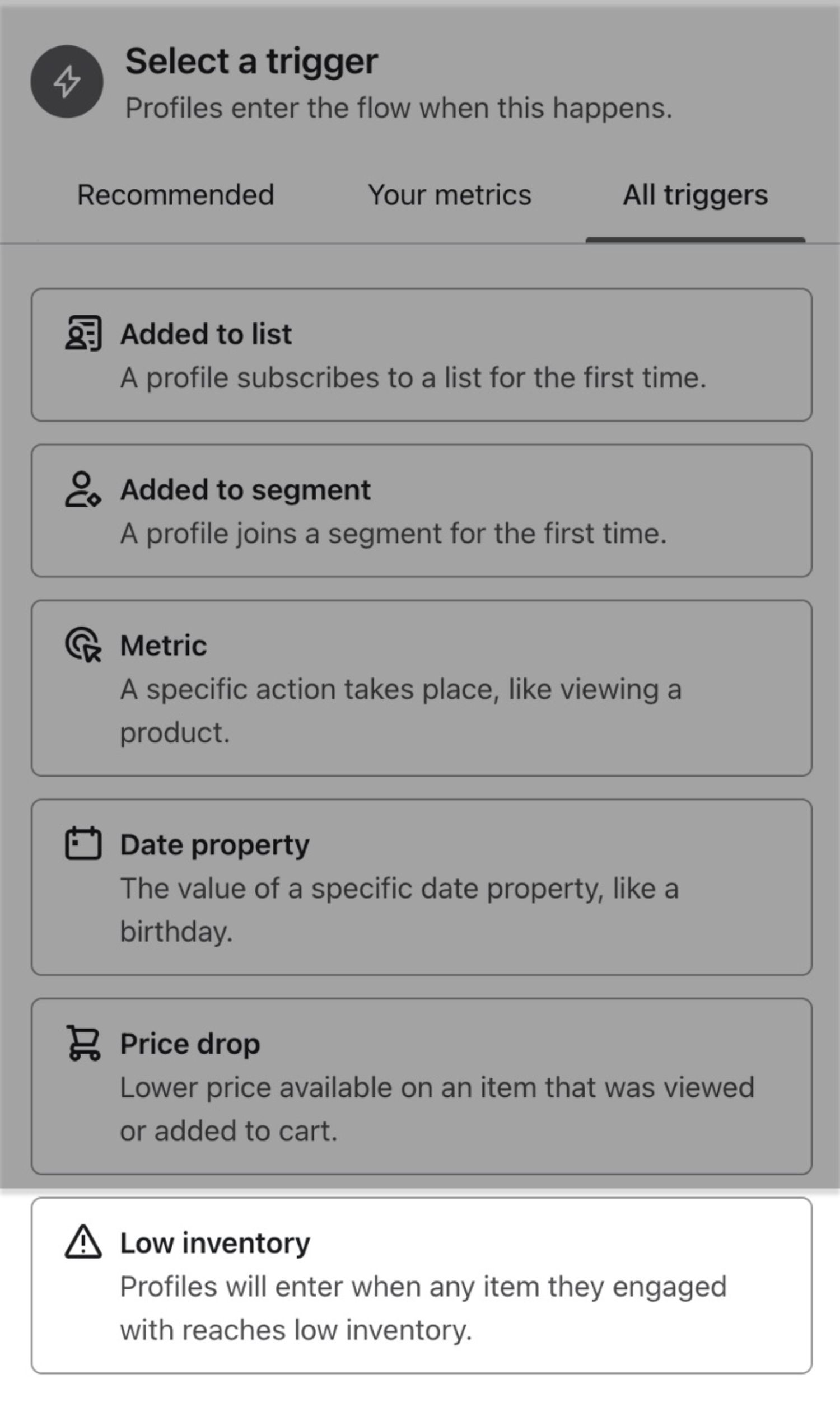 1 Low Inventory Triggers.jpg: "Klaviyo flow trigger setup showing low inventory trigger conditions based on product and product variant levels."