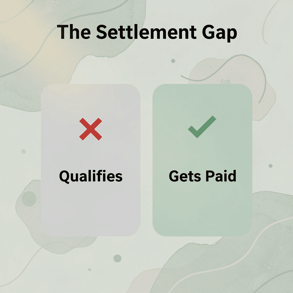 Before and after infographic showing the gap between who qualifies for settlements and who actually gets paid