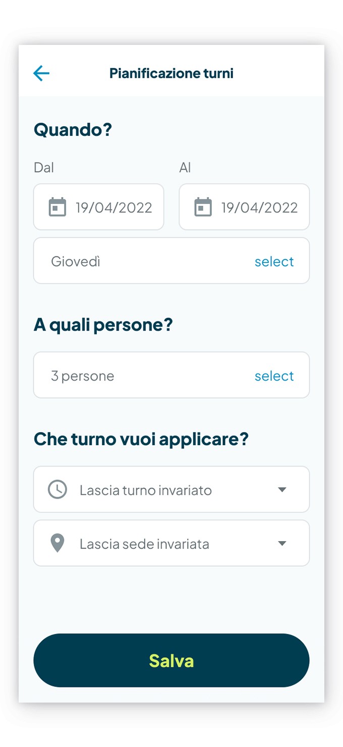 Schermata del dettaglio di pianificazione di un turno di Fluida per un dipendente, con le relative voci da compilare