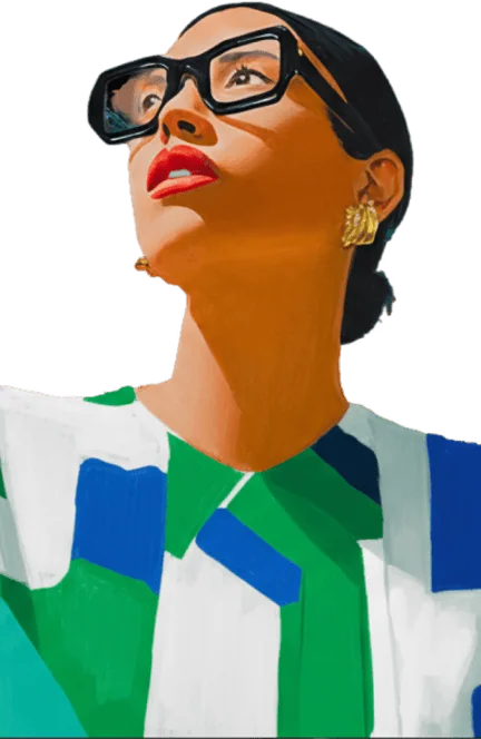 Mulher ilustrada vestindo uma roupa colorida