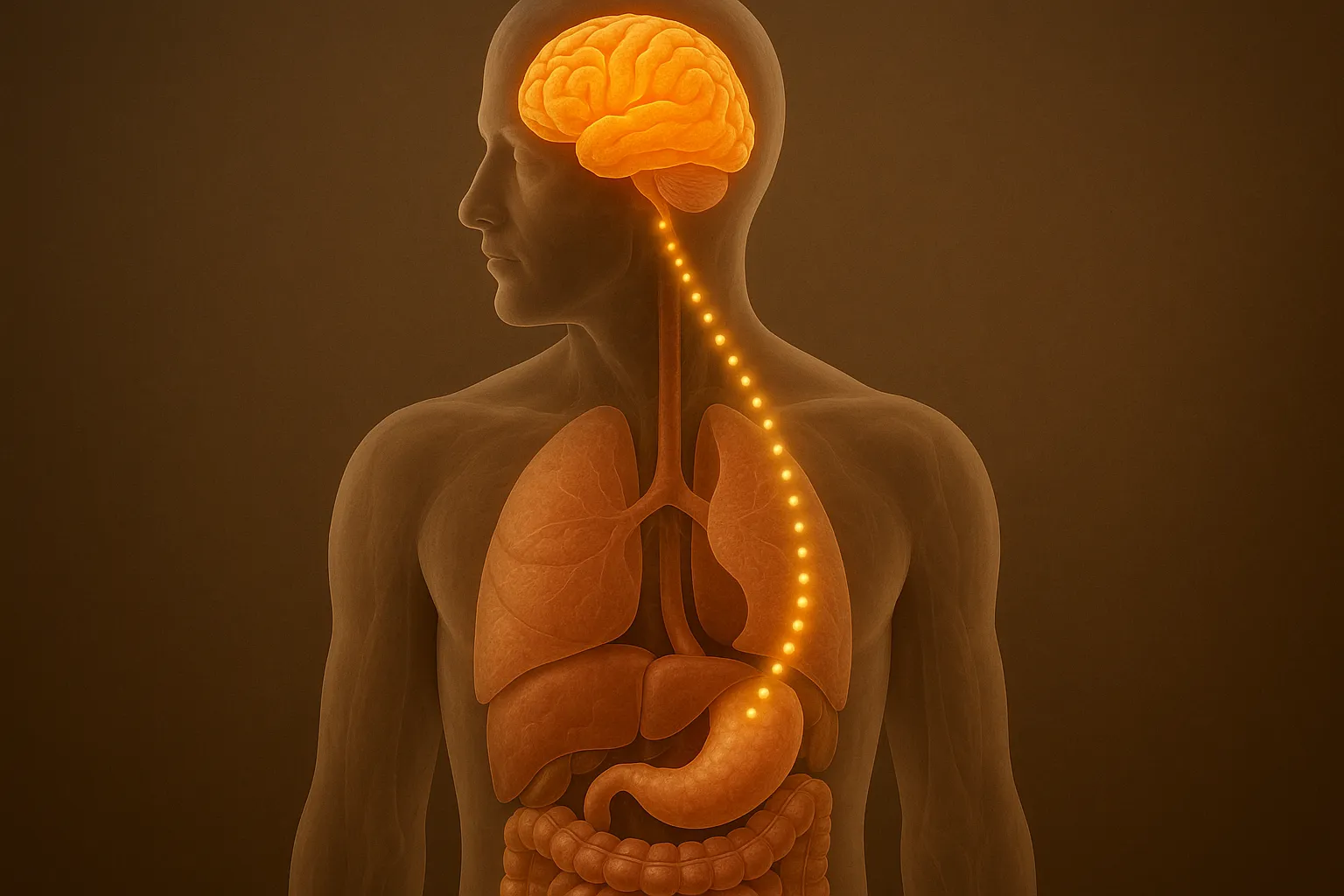 Peptide YY (PYY) - Semi-transparent torso with glowing lower intestine sending a dotted signal up to the brain, illustrating PYY satiety signaling