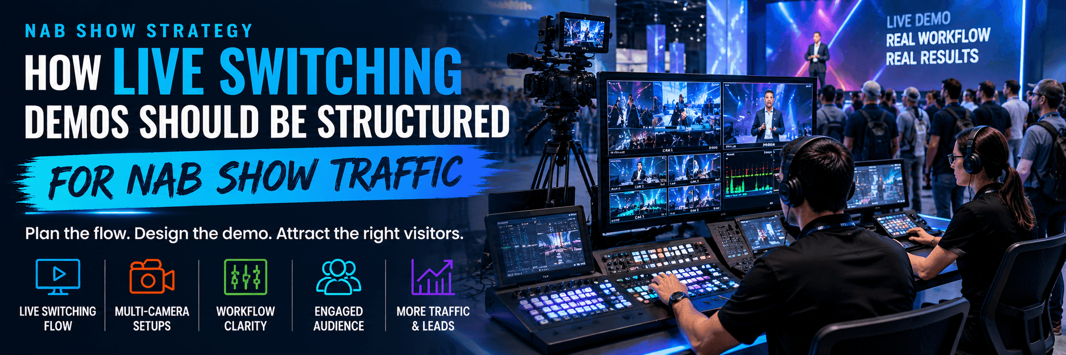 NAB live switching demo booth with screen order, switching station, and broadcast workflow display