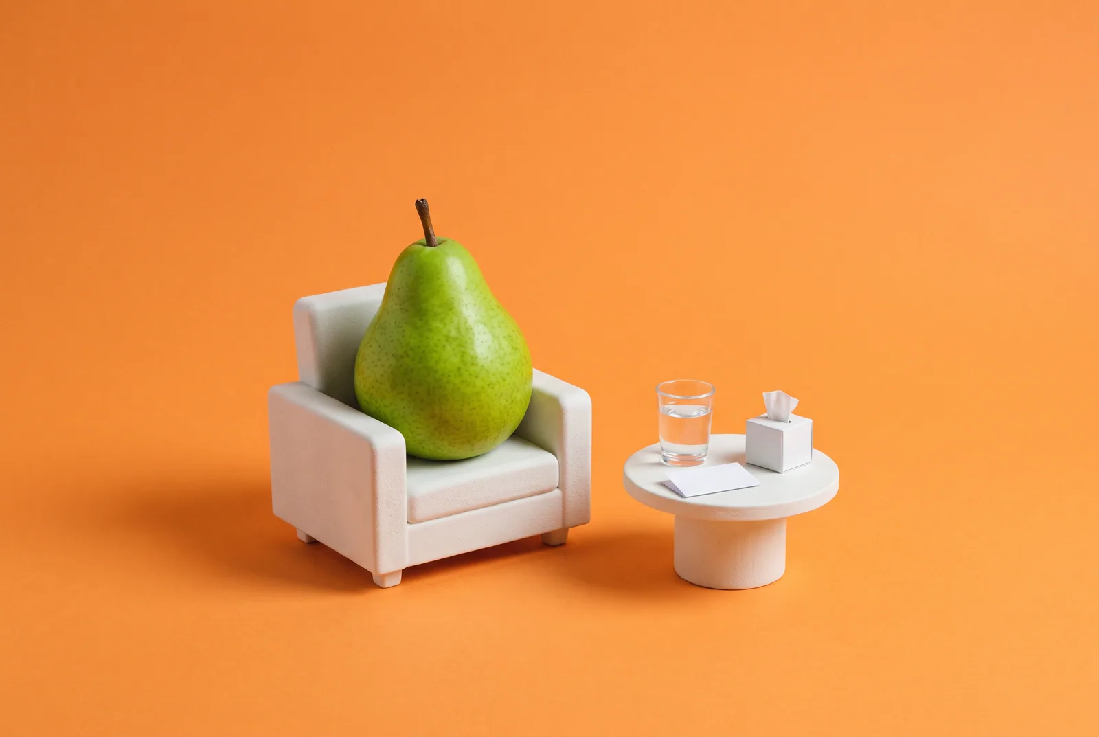 A pear in an armchair beside water, a folded note and tissues, preparing to tell your wife about your porn addiction