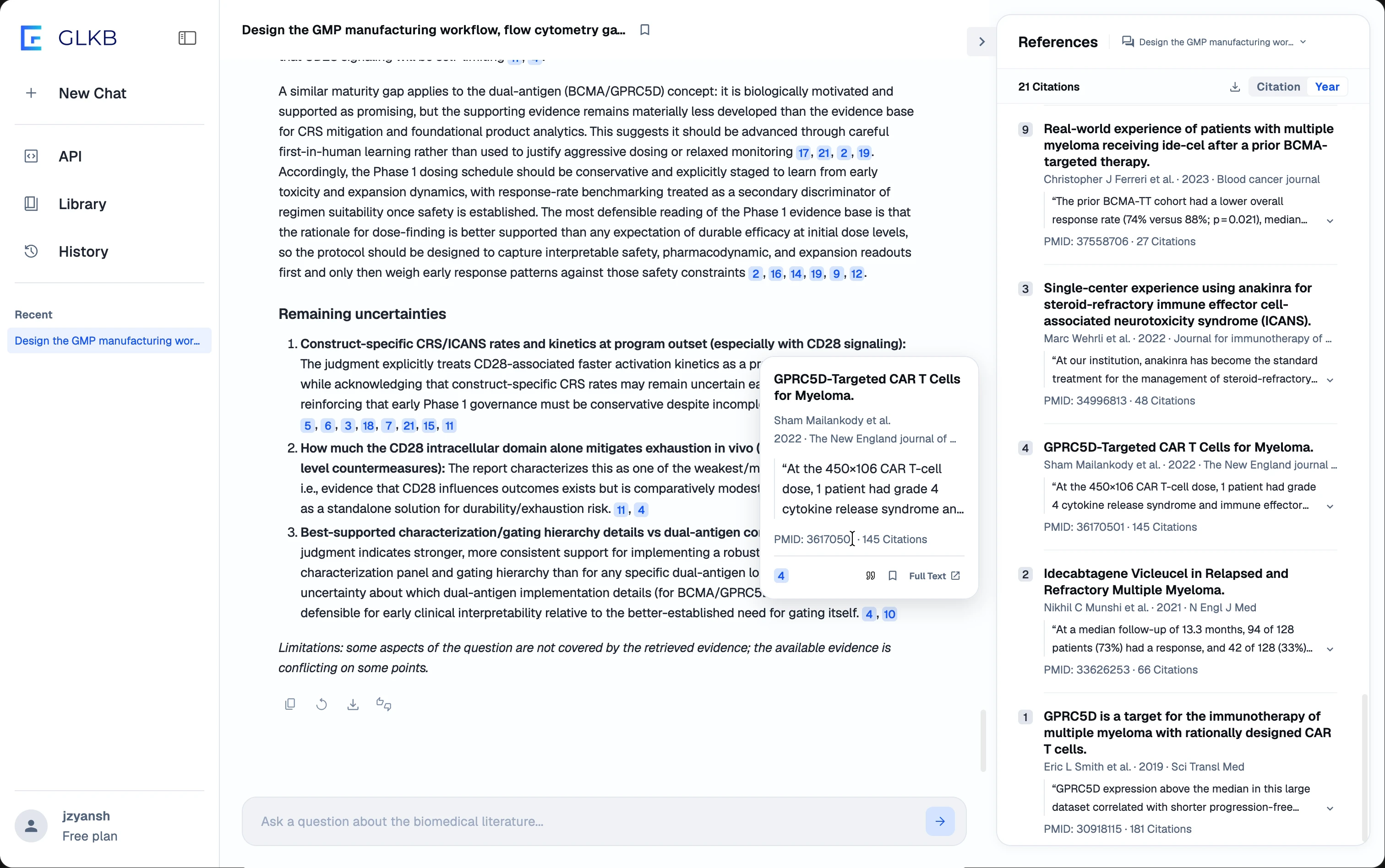 A claim in the answer expanded in place to the sentence it was drawn from, on a card carrying the paper’s title, authors, journal, year, PubMed identifier and citation count, with bookmark, cite and full-text actions. The references panel beside it lists the same entry among 21 citations.