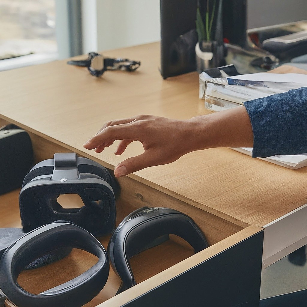 An image of a hand reaching into a drawer full of computer headsets