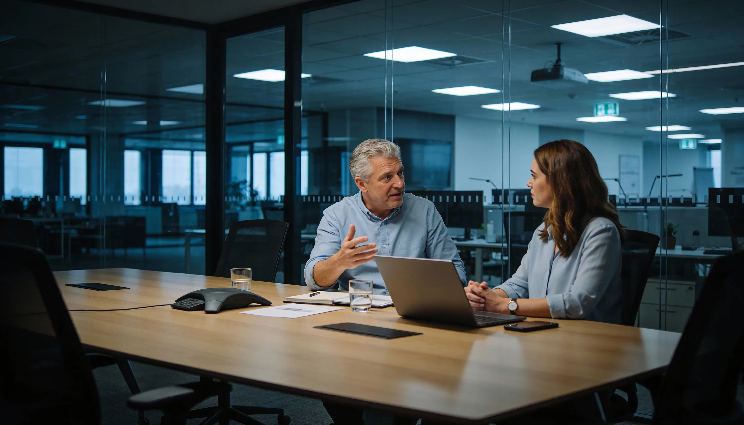 twee collega's praten over b2b project managent voor afspraken in tech