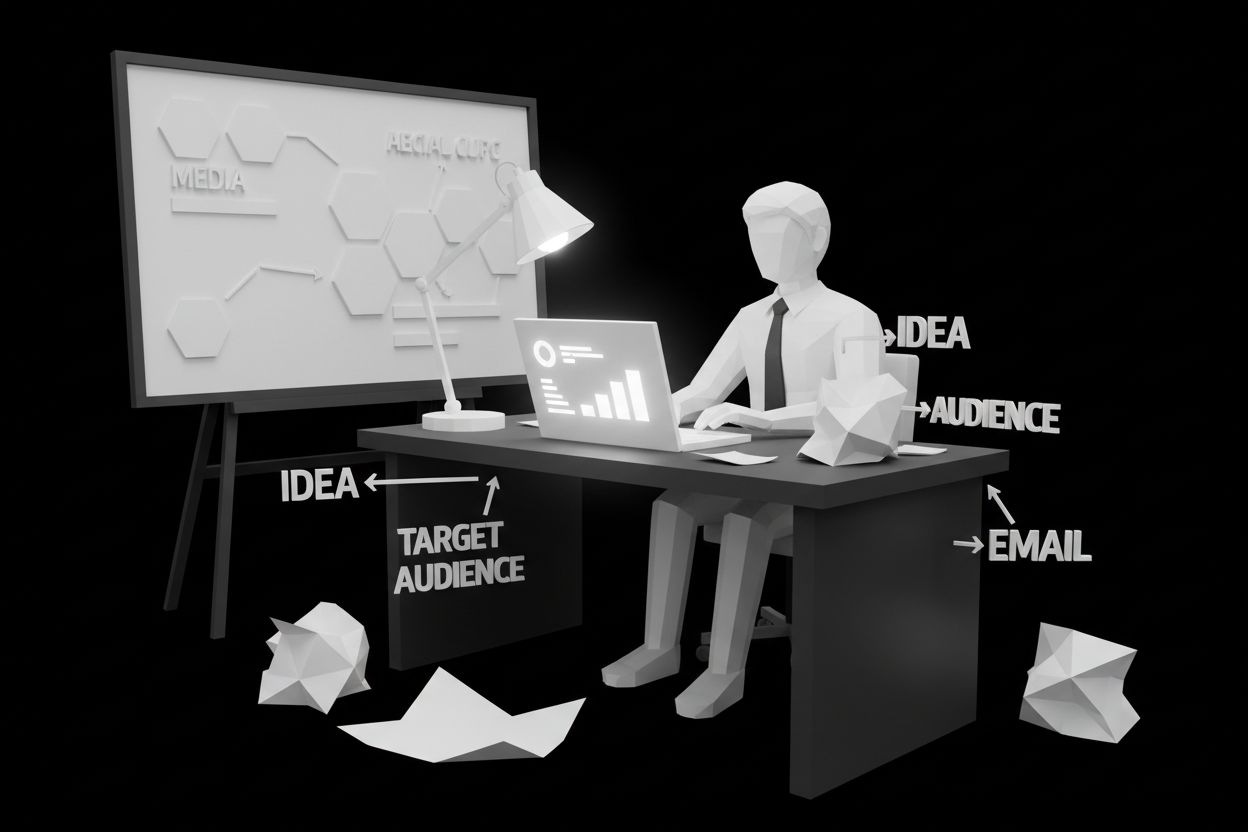 A business owner planning a marketing campaign with notes and a laptop