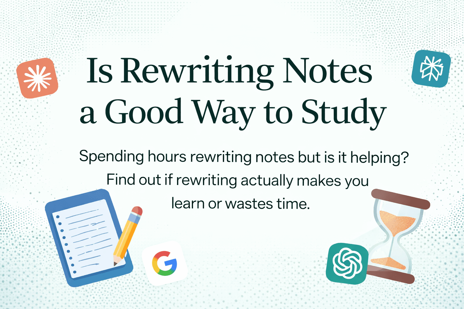 A minimalist poster that says Is Rewriting Notes a Good Way to Study, with abstract notebook lines, checkmarks, and a lightbulb.