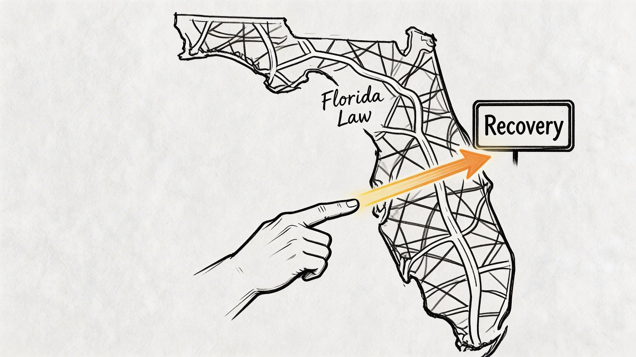 A hand pointing toward a recovery sign on a map of Florida, symbolizing legal assistance for recovery.
