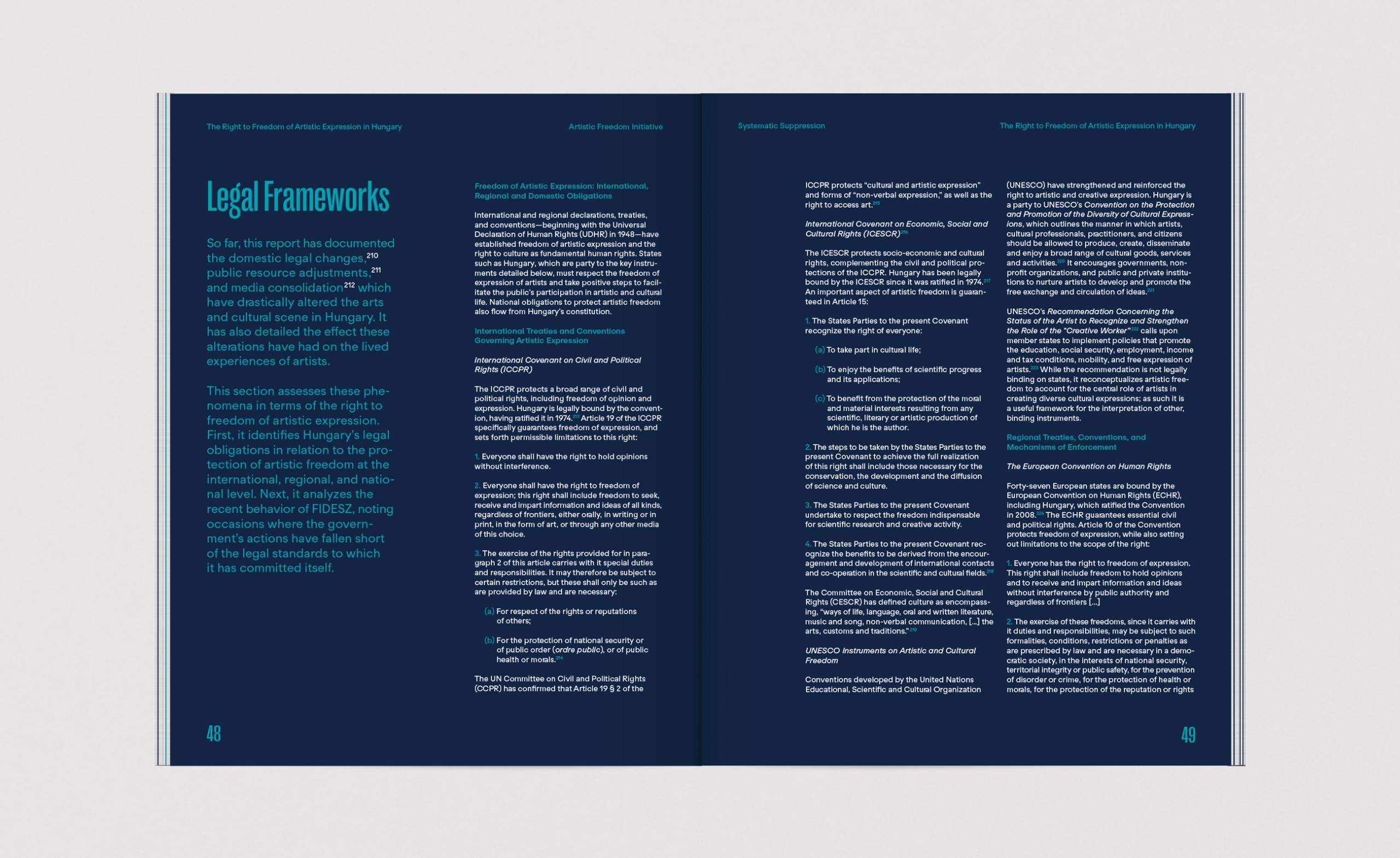 A spread taken from the report  using a dark blue background and both white and teal texts.