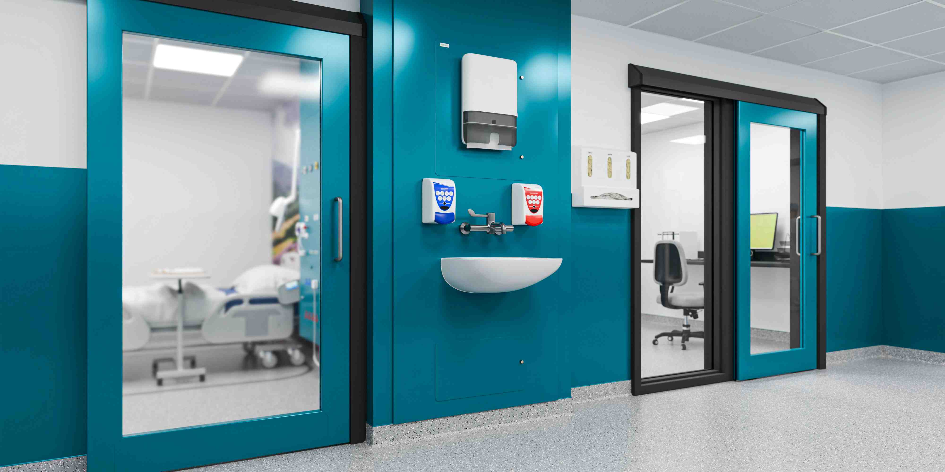 Hygipod IPS between Hygidoor and Hygiscreen with diamond wall cladding