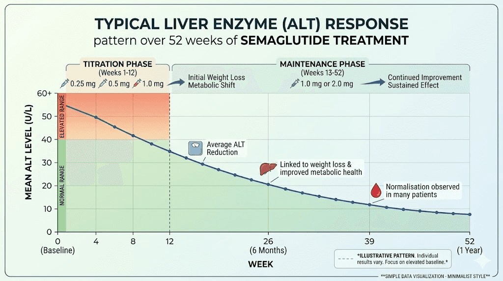 Semaglutide liver enzyme improvement timeline over 52 weeks of treatment
