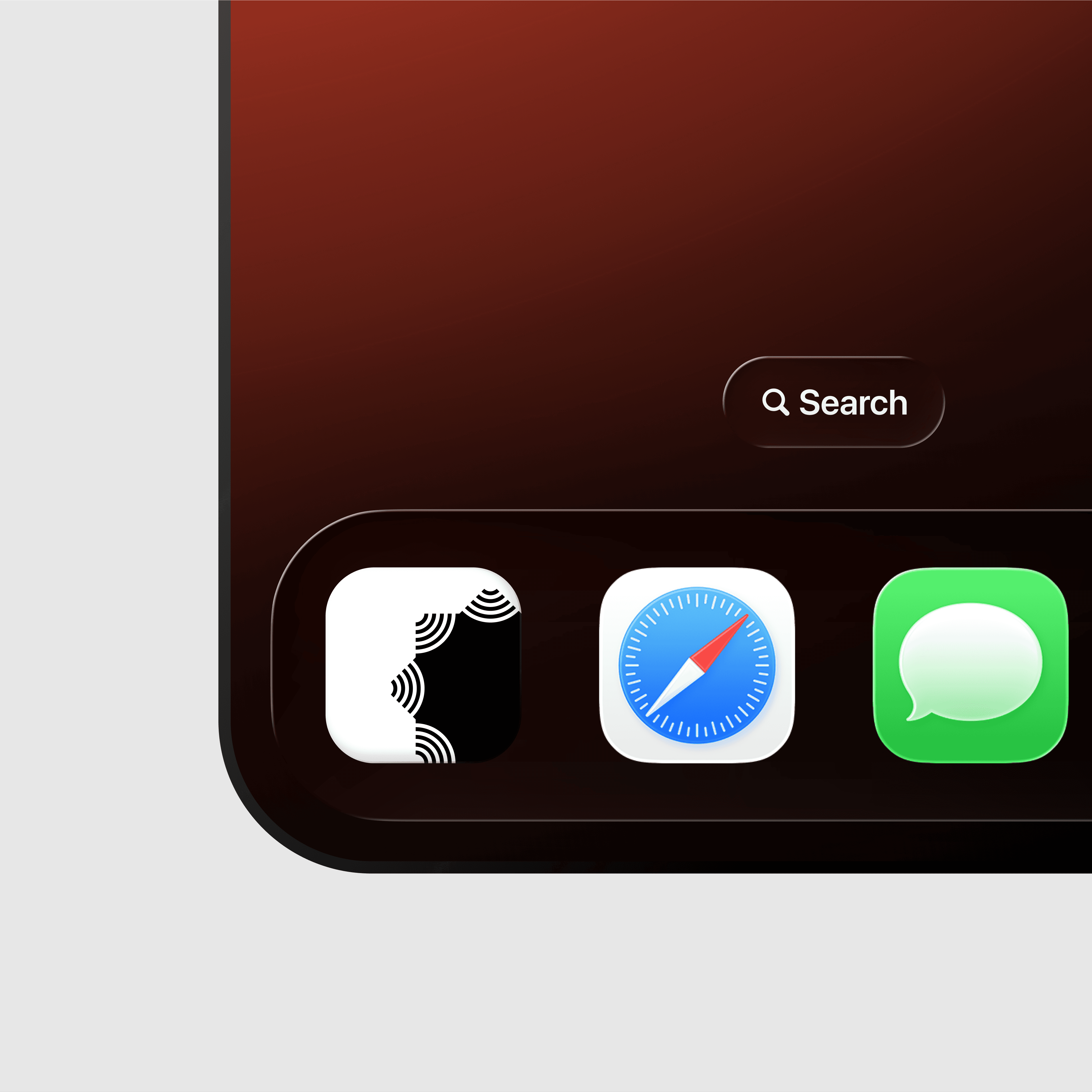 A close-up view of a smartphone home screen displays a app icon for "Atmosphere Studios", a search bar above the app icons for web browser, messaging, and a patterned app with a red-hued background.