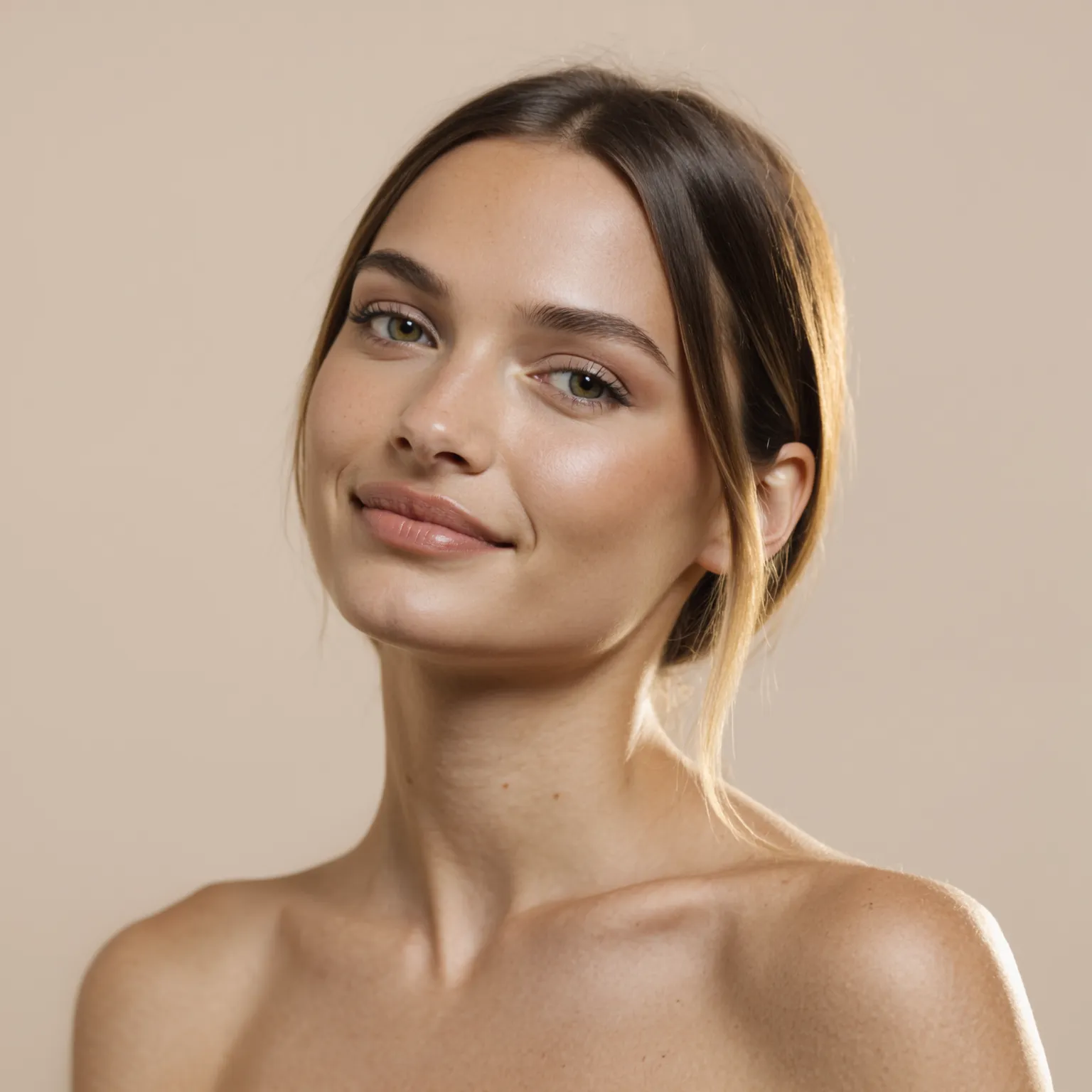 KI-Model mit natürlichem Make-up lächelt dezent vor beige Hintergrund, weiche Lichtführung betont Haut, Eleganz und minimalistischen Beauty-Look