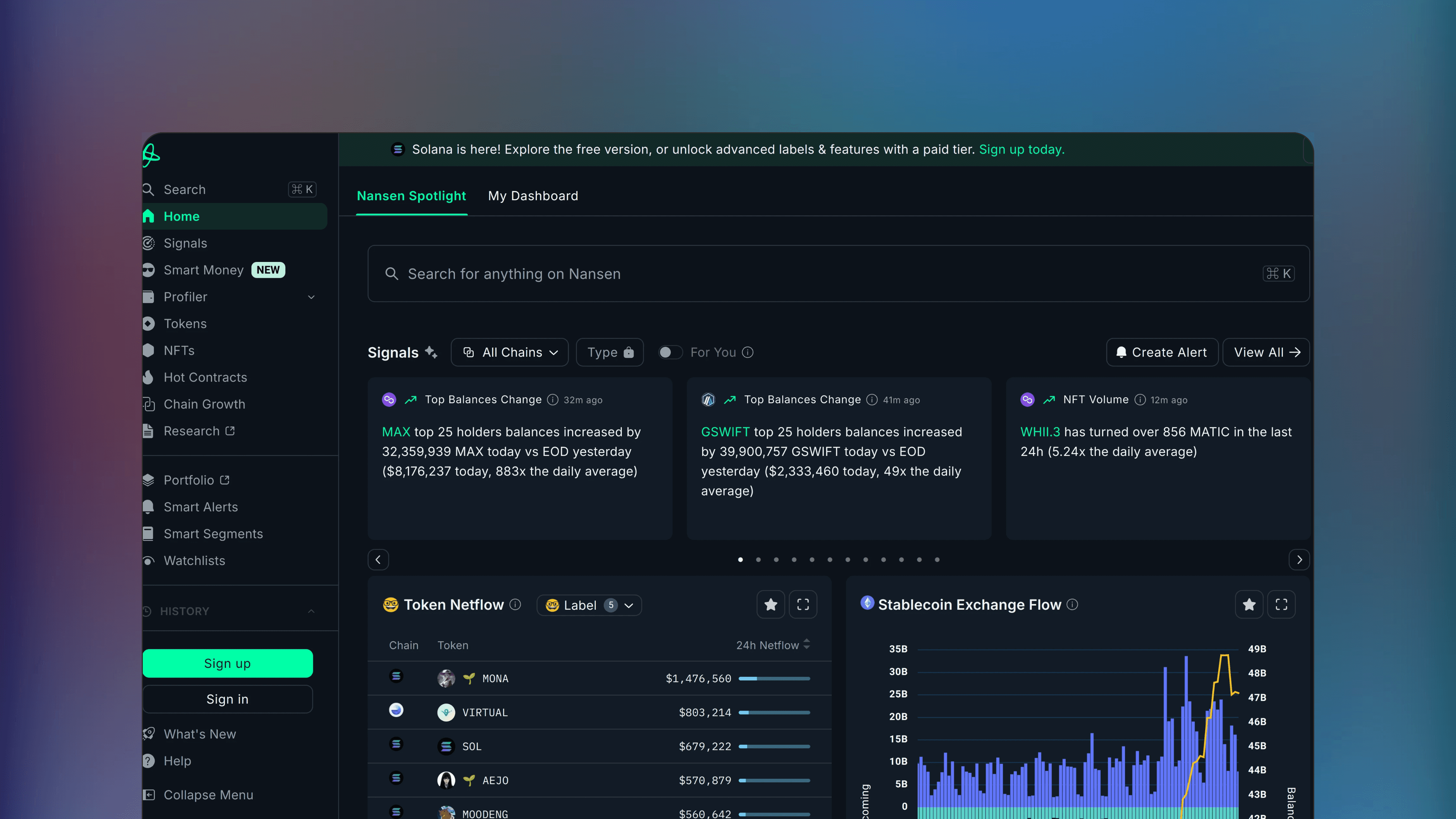 Website preview of Nansen, trade analytics crypto platform displaying token flow visualizations and labeled wallet activity.