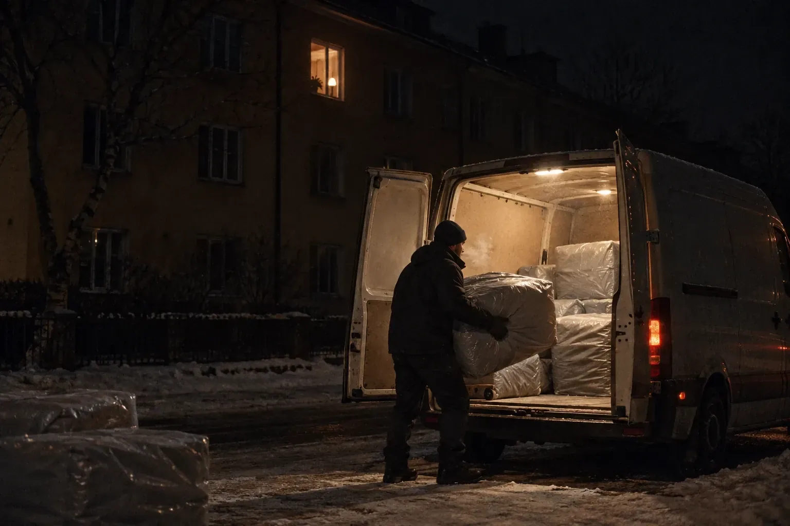 A delivery worker loading large plastic-wrapped bales into a van with its rear doors open on a dark street, one lit window above.