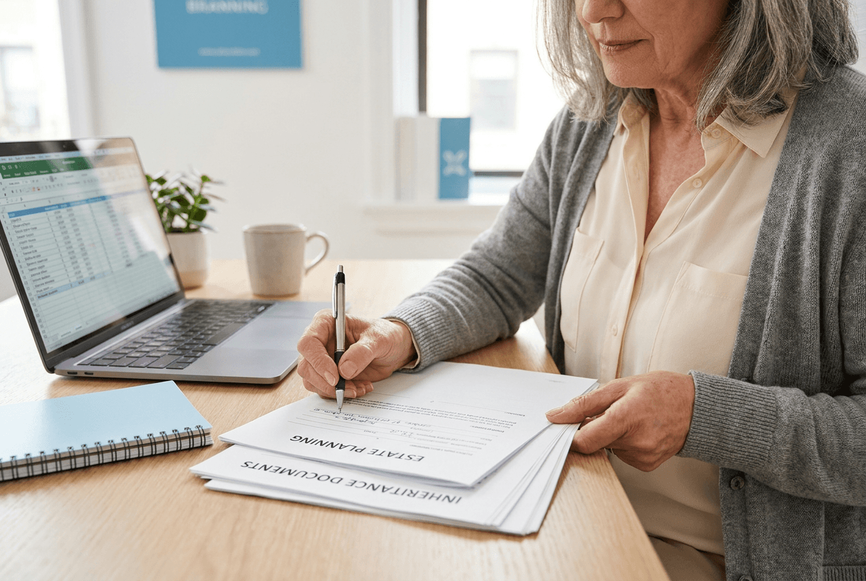 A senior professional reviewing documents at their kitchen table.