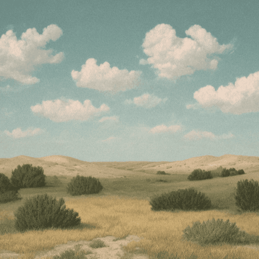 A wide, hazy landscape under a pale blue sky with scattered white clouds, featuring rolling, sandy hills in the distance and dry, yellow grass and green bushes in the foreground.