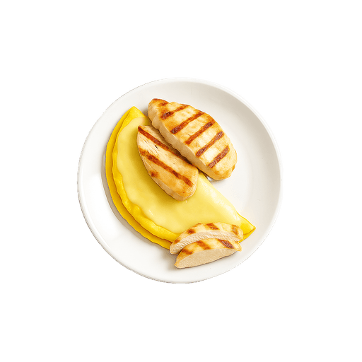 White Ceramic Plate with Melted Cheese, Grilled Chicken and Omelet