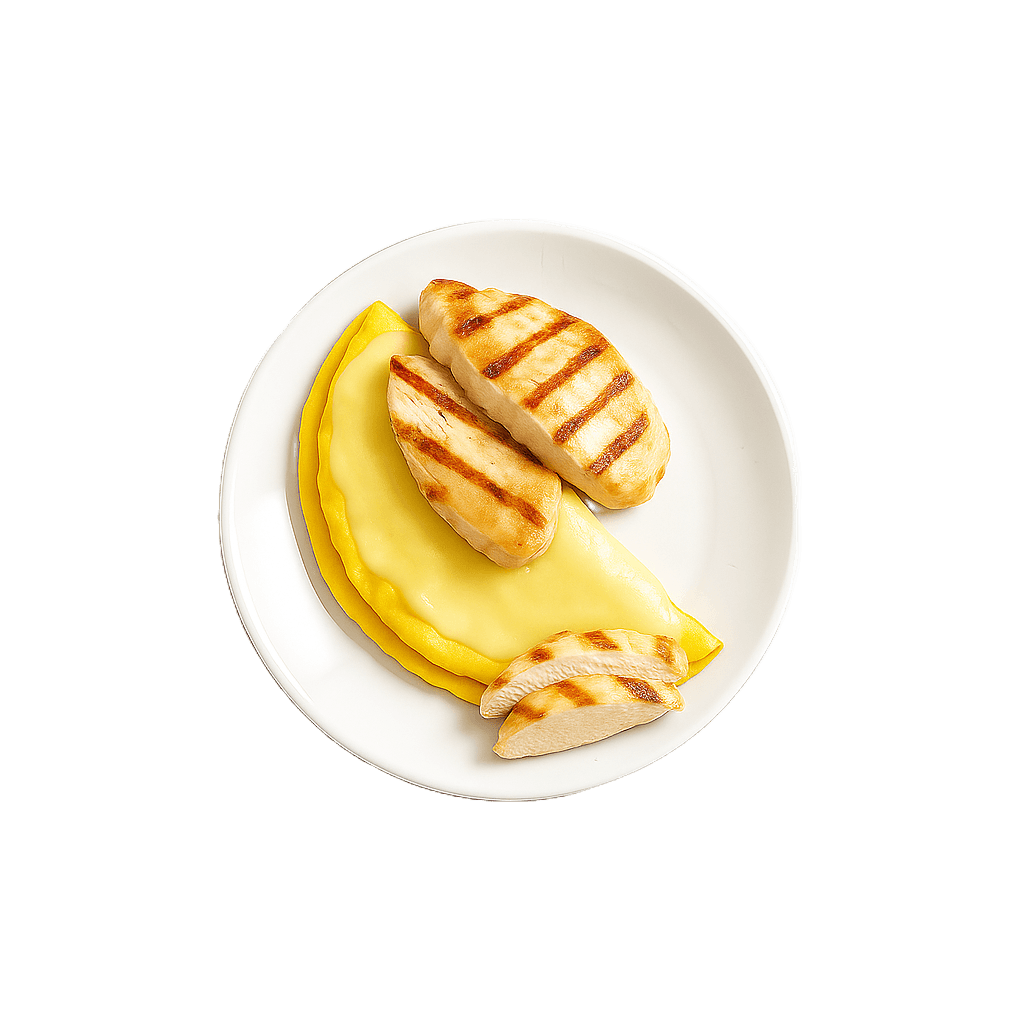White Ceramic Plate with Melted Cheese, Grilled Chicken and Omelet
