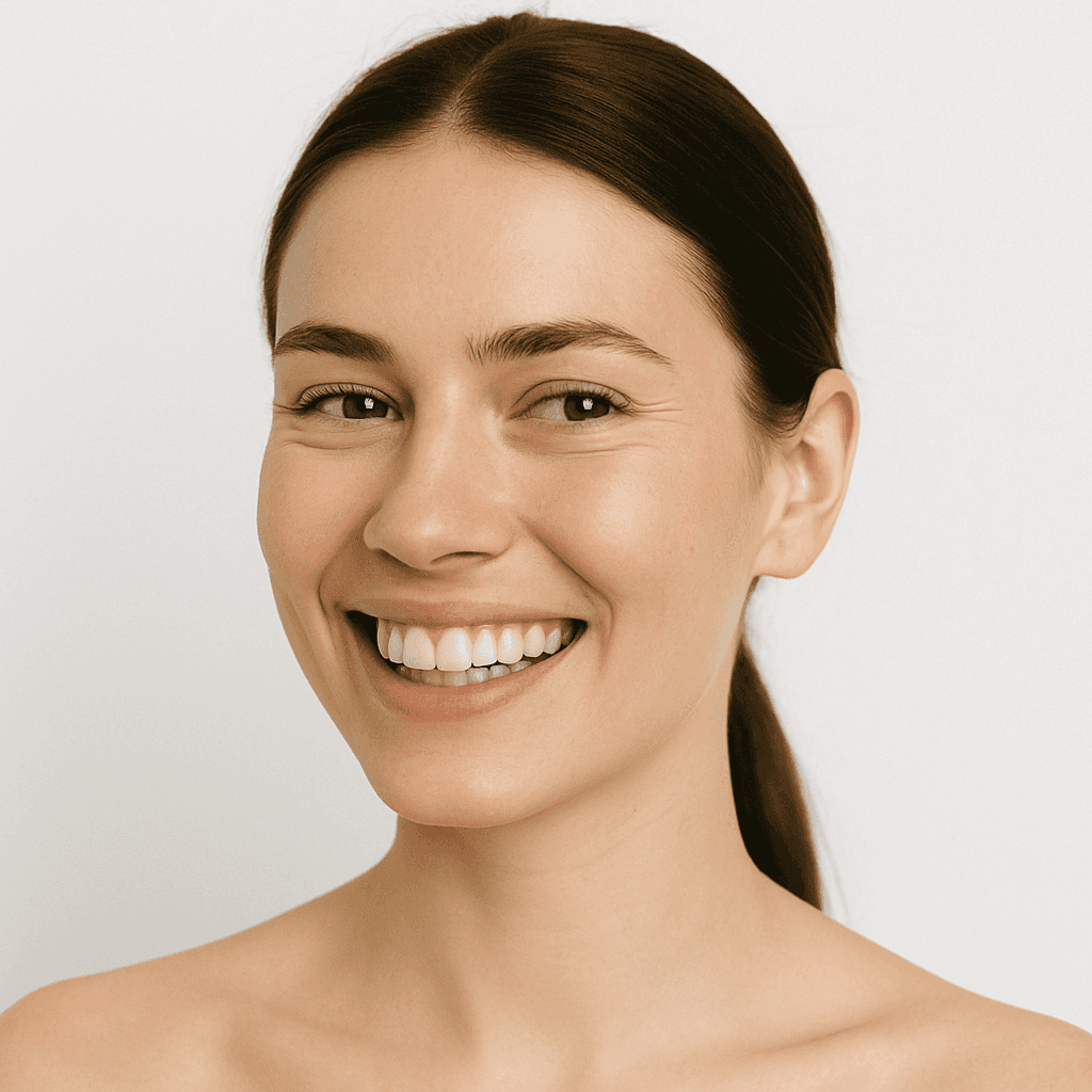 Close-up of a freckled woman behind a translucent film strip—soft, dewy skin, minimal beauty editorial on white.
