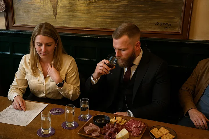 Stel proeft whisky met een plankje vleeswaren en kaas