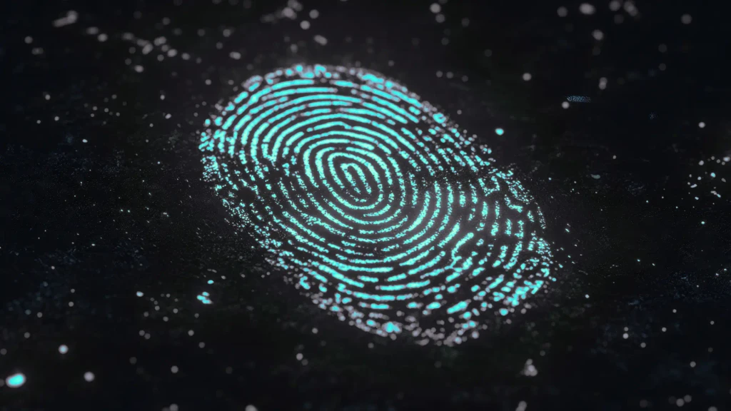 A glowing "Digital fingerprint" with a splatter of light sourrounding it on a black background