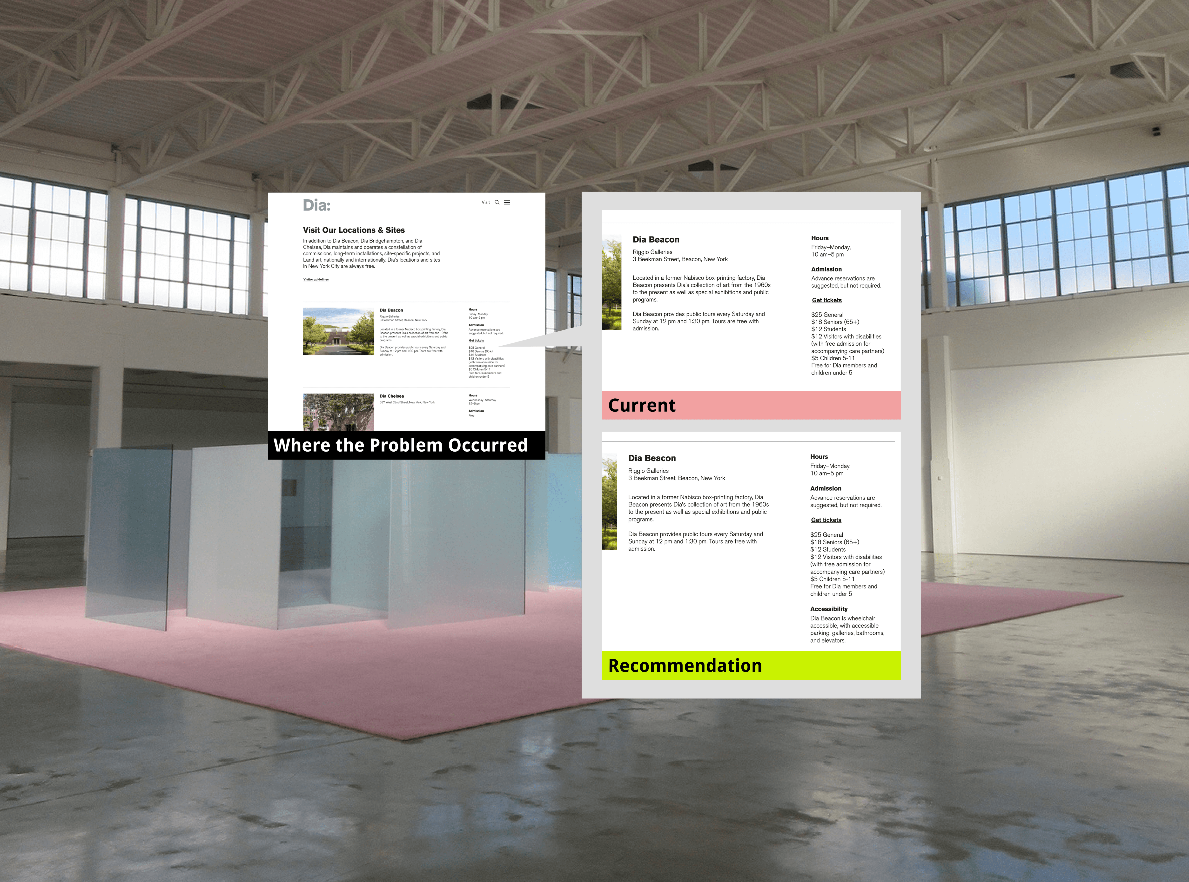 Before and after of the Dia Beacon page showing buried accessibility info in a collapsed accordion versus a visible summary block placed directly after Admission.