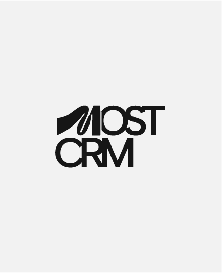 The primary Most CRM logo featuring the bridge monogram stacked above the brand name in a modern, charcoal-grey sans-serif typeface.