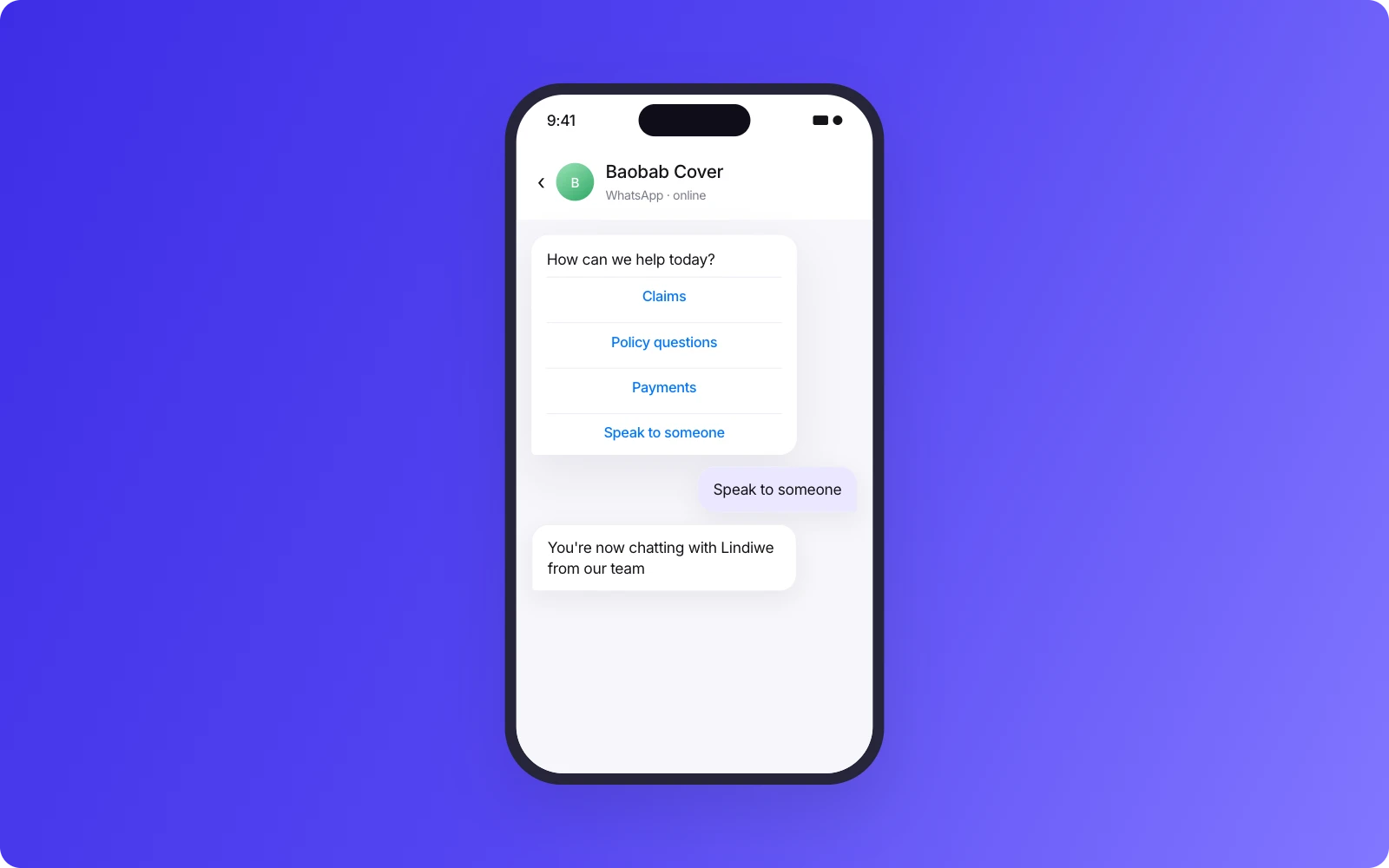 A WhatsApp chatbot menu where the customer chooses to speak to someone and is passed to a named team member