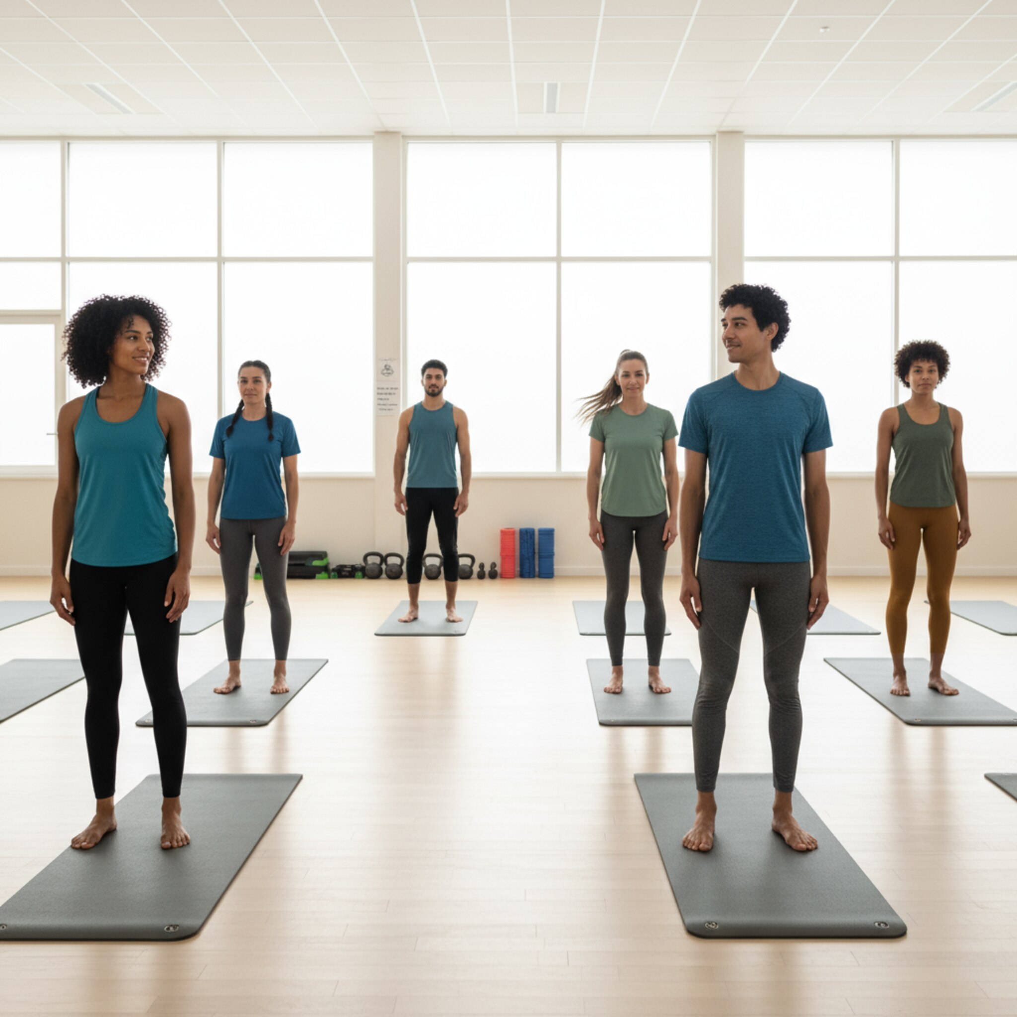 Ein Trainer begrüßt eine kleine Gruppe in einer hellen Halle, Matten liegen parallel aus. Ein kurzer Blickkontakt, ein aufmunterndes Nicken, dann beginnt die erste Übung. Die Luft ist frisch, die Umgebung aufgeräumt. Man spürt Struktur und Vorfreude.