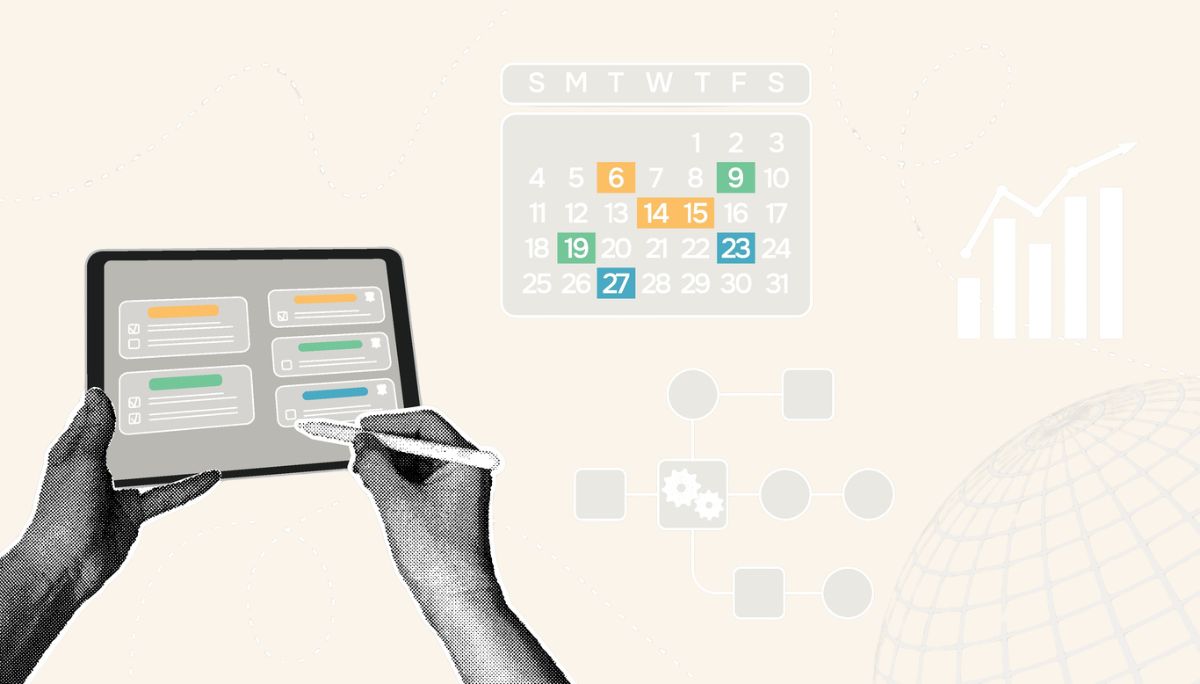 Stylized digital workspace with tablet, calendar, and charts, symbolizing the full app development process from planning to launch.